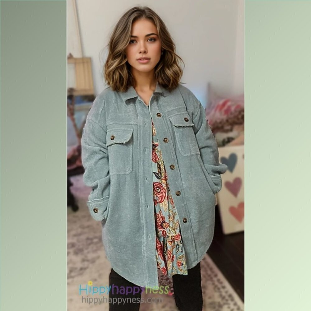 New Oli & Hali Shacket Shirt Jacket Oversized Plush Dusty Blue NWT - Picture 8 of 10